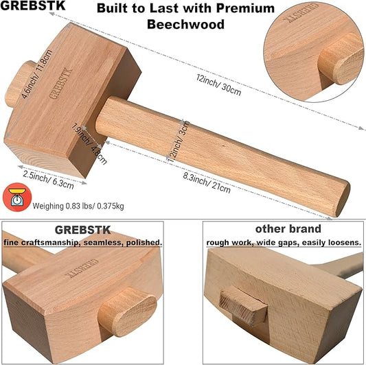 GREBSTK Beech Wood Mallet - Woodworking Hammer & Ice Crusher for Cocktails, Perfect for Chisels, DIY, Bar Tool, Polished Solid Hardwood, 12 Inch