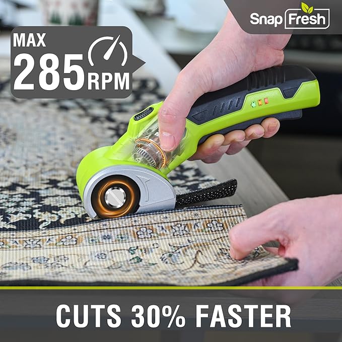 SnapFresh 4V Cordless Electric Scissors-Rechargeable Rotary Box Cutter w/ 2.0Ah Battery, 2 Self-Sharpening Blades, LED Light & Safety Lock,Carpet Cutter Tool for Cardboard, Fabric, Leather, Plastic