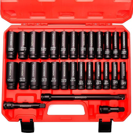 29-Piece 1/2" Drive Impact Sockets Set, 6 Point Deep Standard SAE and Metric CR-V Steel Sockets with 3",5",10" extension bar (Metric and SAE, 1/2" Socket Sets, 29pcs)