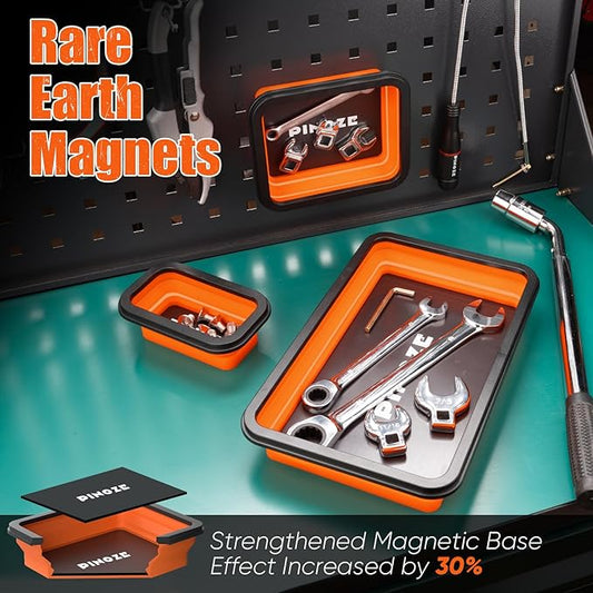 Collapsible Magnetic Parts Organizer Trays & 12" Flexible Magnetic Pickup Tool, 3 Different Size Magnet Tool Trays & Pick-Up Sweeper for Screw, Bolts, Nuts, Washers, Pins and Other Metal Parts