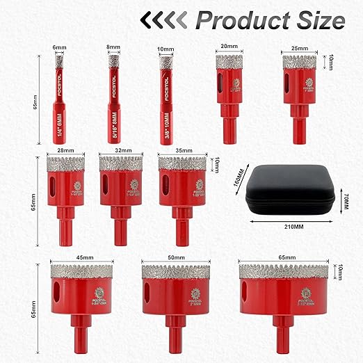 Diamond Core Drill Bit Set - FOCSTOL 11pcs (6/8/10/20/25/28/32/35/45/50/65mm) Hole Saw Kit for Porcelain Ceramic Tile Marble Granite with Triangle Shank