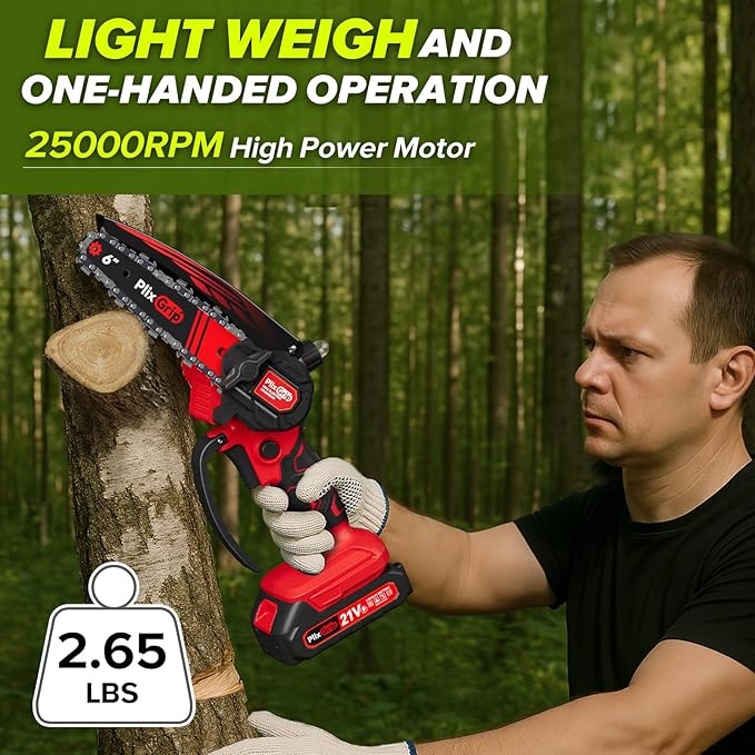 Mini Chainsaw, 6 Inch Cordless Electric Chainsaw, Handheld Chain Saw - Portable Pruning Shears for Tree Branches, Courtyard, Household and Garden - Gift for Men, Dad, Husband, Women（Red）