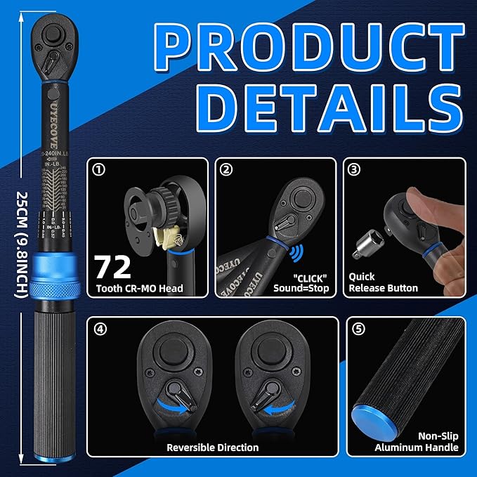 UYECOVE 1/4 Inch Drive Click Torque Wrench 10-50 IN-LB,Dual-Direction Click Professional Torque Wrench 10-50IN.LB/1.1-5.7N.M, Dual Range Scales Graduated in FT.LB and N.M, Blue