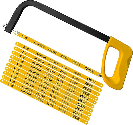 12in. High-Tension Hacksaw Frame with 10pcs 24TPI Extra Bi-metal Blades, Hand Saw Suitable for Metal, wood, PVC, Carpentry