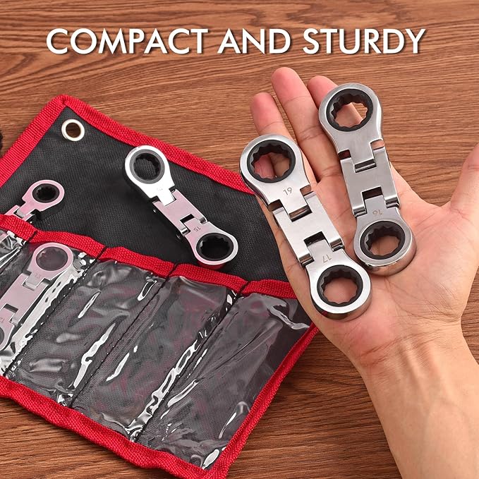 Stubby Wrenches Set, 72-Tooth Flex Head Ratcheting Wrench Set, Compact Double Box End Ratchet Wrench Metric 8-19mm 5 Pieces for Tight Spaces
