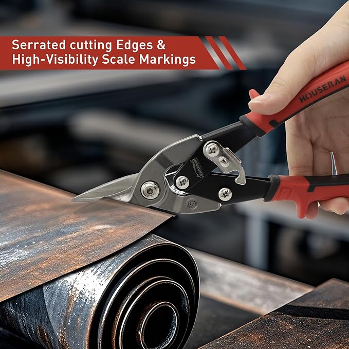 10 Inch Aviation Tin Snips, Regular Straight Cut, Heavy Duty CR-MO Metal Cutter with Double Lever, Scale Markings & Safety Lock, Shears Scissors for Cutting Metal Sheet