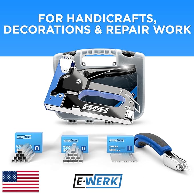 E?줨erk - 5-in-1 Staple Gun Set - Heavy-Duty Stapler w/ 1500 Staples & Staple Remover for Wood, Fabric, Carpet & Wire Mesh - Hand Tacker w/Power Adjustment for Construction, Crafts & Upholstery Work