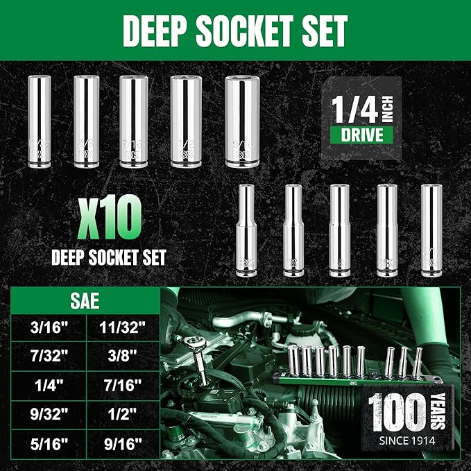 SK 1/4" Drive Socket Set, Deep SAE Sockets, 10-Piece 3/16" to 9/16 ", SuperKrome Finish, Premium CR-V Construction, with Aluminum Socket Organizer