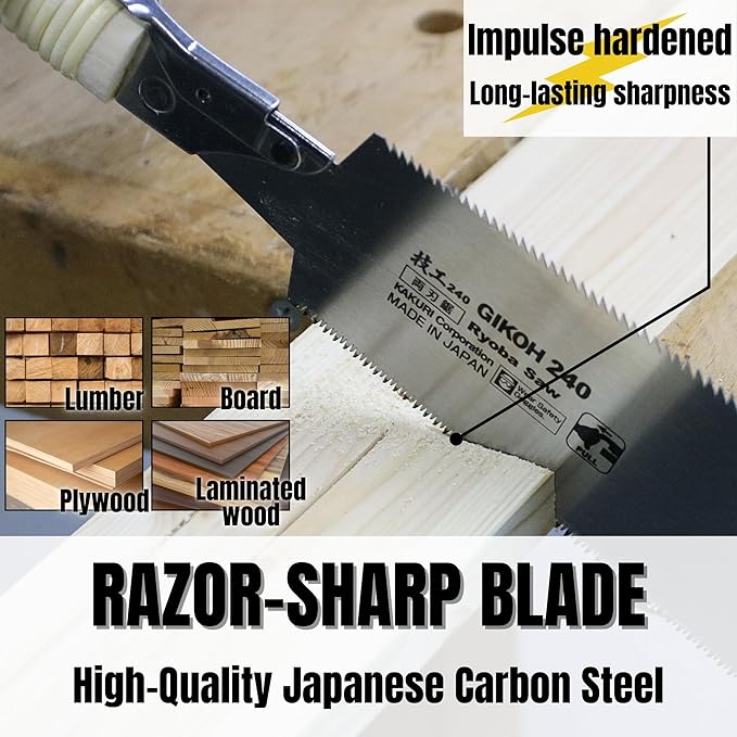 KAKURI Japanese Pull Saw 8.2" for Woodworking - Ryoba Double Edge Hand Saw with Blade Cover, Cane-Wrapped Handle, Tool-Free Blade Replacement - Made in Japan