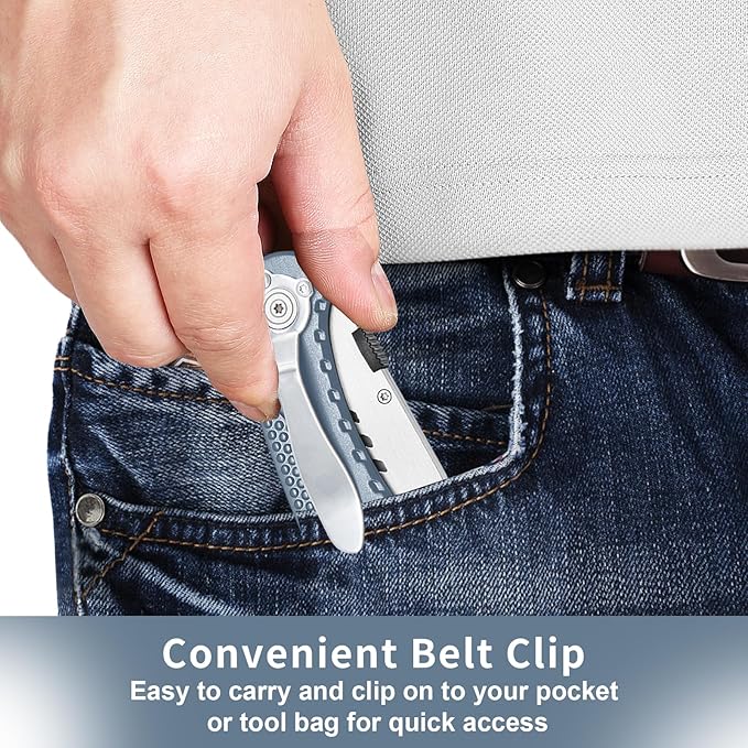 Harita Utility Knife Box Cutter Quick Change Blades, Back-lock Mechanism, Portable Belt Clip, with 5-piece Extra Blades, Grey