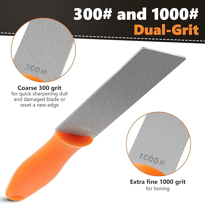 Feekoon 2 Pcs Dual Grit Diamond Sharpening Stone File Coarse 300# /Extra Fine 1000# Grit with Leather Sleeve Garden Tool Blade Sharpener for Knife, Axe, Lawn Mower Blade, Shears, Chisel Spade (Orange)
