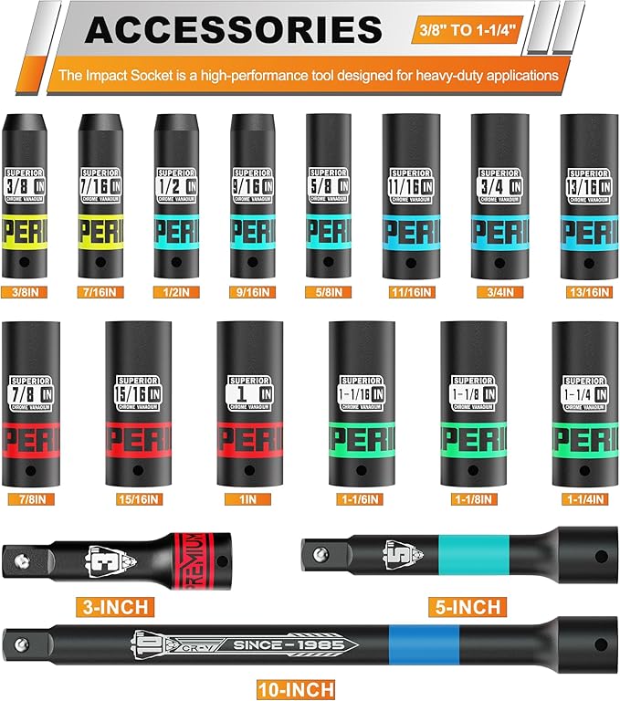 17 Piece 1/2" Drive Deep Impact Socket Set, 3/8" to 1-1/4", Include 3", 5", 10" Extension Bars, SAE, 6-Point, Cr-V Steel, Cars, Motorcycles, Loosen the Fastening Nut