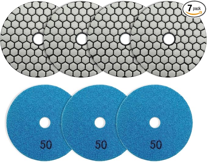 Dry Diamond Polishing Pad Set,7pcs 4 inch #50 for Stone Marble Quartz Granite Sanding Disc Countertop Polish Polisher Pads Kit Tools used on Grinder or Polisher