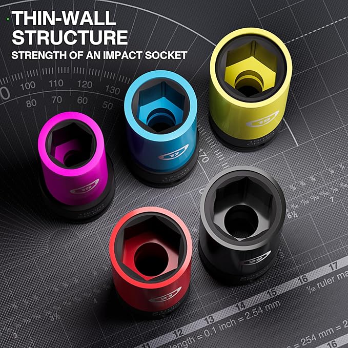 5 Pieces 1/2 inch Drive Impact Lug Nut Socket, Metric 15 17 19 21 22 MM Thin Wall Deep Socket Set with Non-Marring Wheel Protectors