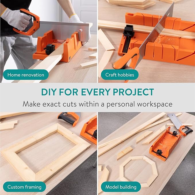 Navaris Mitre Box with Saw - Mitre Box with 43cm (16.9") Hand Saw Cutter Tool Included for Cutting Wood and 2 Built-in Clamps for Secure Woodwork