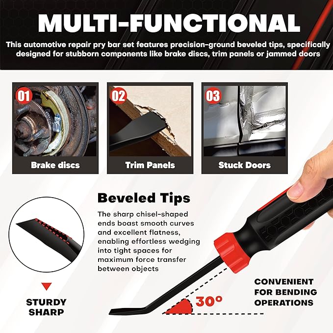 C&T 4-Piece Heavy Duty Pry Bar Set (8",12",18",24"), Premium Mechanic Hand Tools with Thicker Strike Cap & Ergonomic Comfort Grip for Automotive, Demolition & Construction, Black/Red