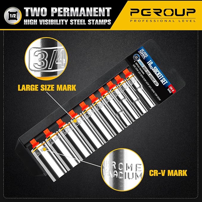 10PCS 1/2??Drive Deep Socket Set, SAE (3/8"-15/16"), 6-Point, Cr-V Steel, Chrome Plated Socket With Hanging Bracket, Cover Most Commonly Sizes