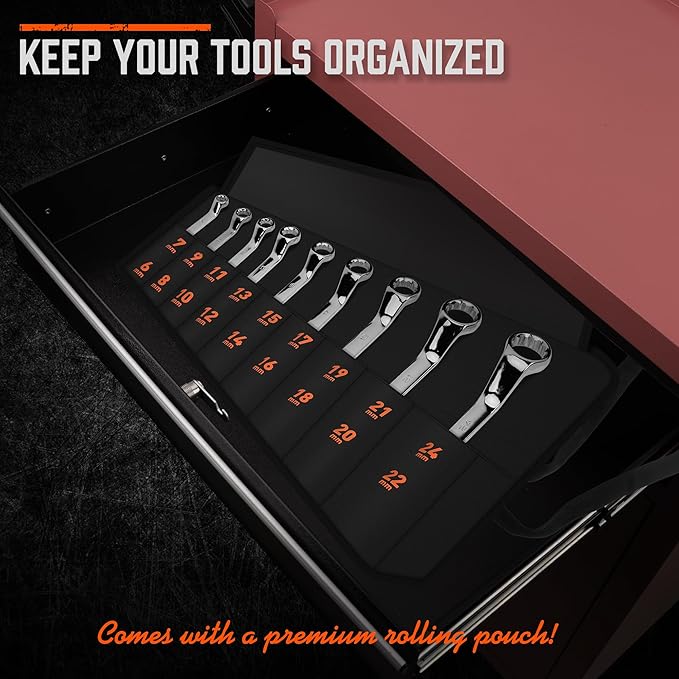 HORUSDY 9-Pieces Metric Offset Box Wrench Set with Rolling Pouch, 50-Degree, Metric 6-24mm, CR-V Steel