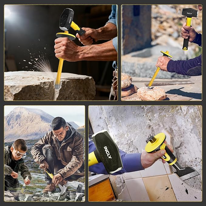 INCLY 8PCS Geology Rock Pick Equipment Kit, 3lb Sledge & 32oz Rock Hammer with 3PCS Concrete Chisel, Safety Goggles, Jewelers Loupe, Rock Hounding Equipment for Splitting, GoldMining, Stone Breaking