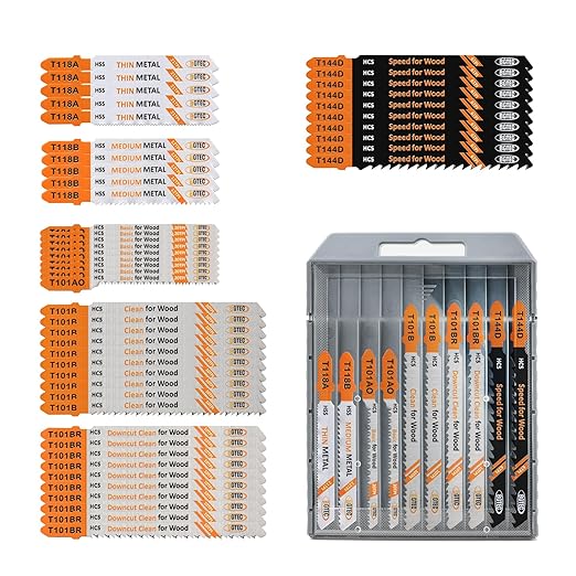 50PCS T Shank Jigsaw Blades Set - BGTEC HCS/HSS Jig Saw Blades for Wood, Plastic and Metal Cutting(T118A,T118B,T101AO,T101B,T101BR,T144D)