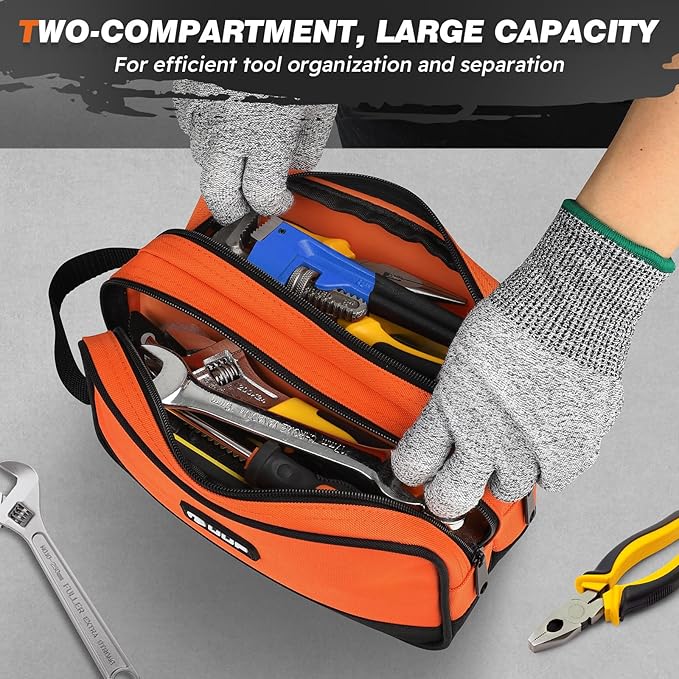 Small Tool Bag 2 Pack, Zipper Tool Pouch Two Compartments, 10 12 inch Utility ToolBag with Carrying Handle, Tool box Storage Organizer for Electrician Mechanic, Gift for Men Dad, Orange/Green