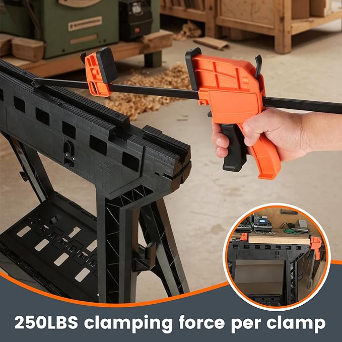 ZYJOYY Clamping Sawhorses 2 Pack Folding, Portable Heavy Duty Sawhorse with 1000 lbs Weight Capacity Total,Built-in Tool Tray and Cord Hooks