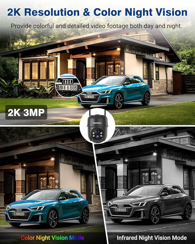 Septekon 2K Solar Security Cameras Wireless Outdoor 2 Pack, 360째PTZ Battery Powered Outdoor Camera, 2.4G WiFi Camera with Spotlight Color Night Vision, Motion Sensor Alarm, IP66, Black