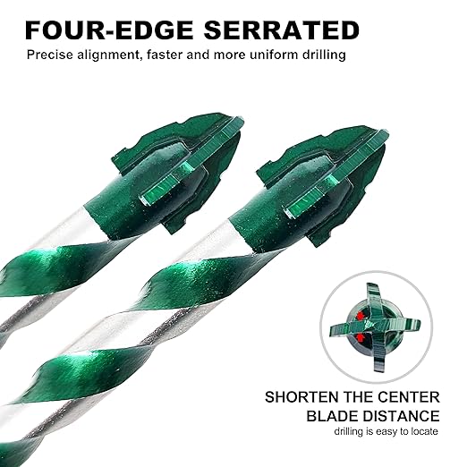 FEWELL Serrated Eccentric Masonry Drill Bit 10pcs, Four-Edge Serrated Concrete Drill Bit for Concrete Glass Brick Cement Tile Marble Wood (1/8??1/2??