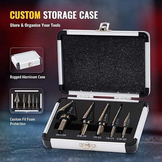 ZELCAN Step Drill Bits, HSS 5PCS Titanium Step Drill Bit Set, 50 Sizes in 5 High Speed Steel Unibit Drill Bits Set for Sheet Metal with Aluminum Case, Multiple Hole Stepped Up Bits for DIY Lovers