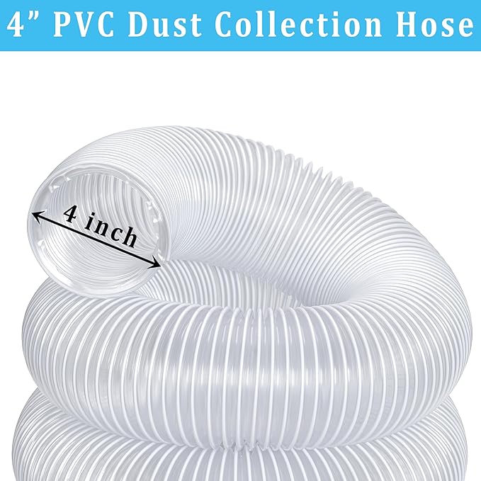 Dust Collection hose 4??- 20ft Clear Flexible PVC Fume Hose with Carbon Steel Wire for Dust Collector Table Saw Planer Woodworking, Lightweight and Puncture Resistant, with 4 Clamps (Regular Design)