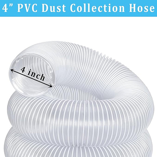 Dust Collection hose 4??- 5 ft Clear Flexible PVC Fume Hose with Carbon Steel Wire for Dust Collector Table Saw Planer Woodworking, Lightweight and Puncture Resistant, with 4 Clamps (Regular Design)