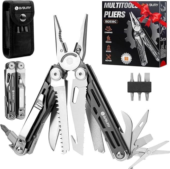 BIBURY Multitools BI2038C,19-in-1 Stainless Steel Pocket Knife with Scissors, Foldable Self-locking EDC Multi tools Pliers with Sheath for Outdoor Hunting Survival Camping Simple Repair