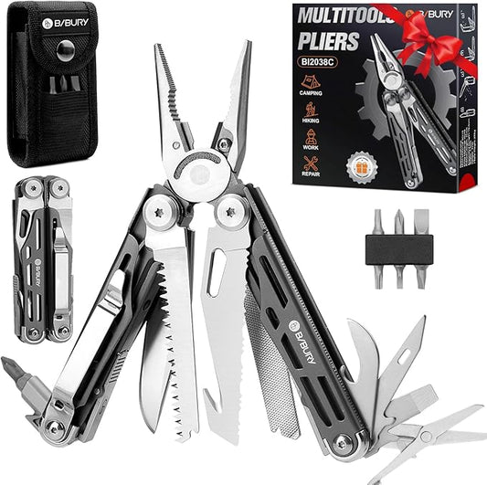 BIBURY Multitools BI2038C,19-in-1 Stainless Steel Pocket Knife with Scissors, Foldable Self-locking EDC Multi tools Pliers with Sheath for Outdoor Hunting Survival Camping Simple Repair