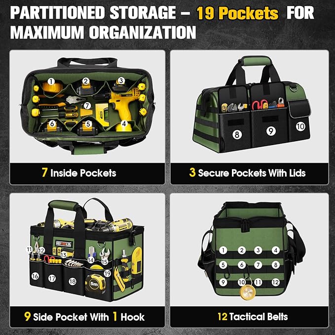 Heavy Duty Tool Bag 16-Inch - 19 Pockets Tool Organizer, Portable Electrician Toolbox W/Soft Handle, Gifts for Him Men Husband Boyfriend Mechanic Engineer Valentines Day, Wide Mouth Tool Box Storage