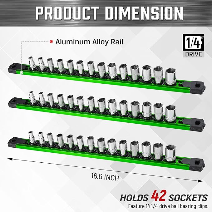 ALOANES 3-Piece Magnetic Socket Organizer, Heavy Duty Aluminum Socket Rails Organizer, 360째 Swivel Clips Socket Rail Set For Sockets Storage, 1/4-Inch Socket Holder x 42 Clips (Green)