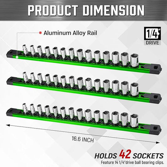 ALOANES 3-Piece Magnetic Socket Organizer, Heavy Duty Aluminum Socket Rails Organizer, 360째 Swivel Clips Socket Rail Set For Sockets Storage, 1/4-Inch Socket Holder x 42 Clips (Green)