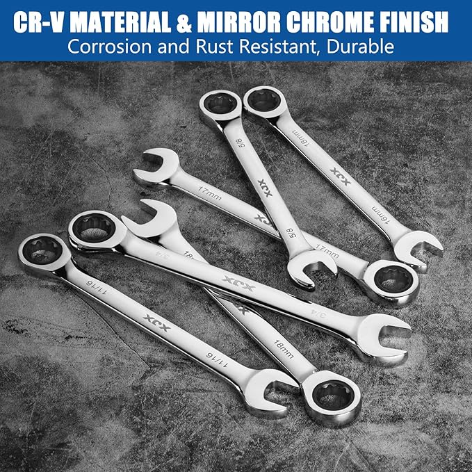 XJX 24PCS Ratcheting Combination Wrench Set | SAE & Metric | 12 Point | 1/4?쓙o 7/8??and 8-19mm | CR-V Steel | Ratchet Wrenches Set with Portable Roll-Up Pouch