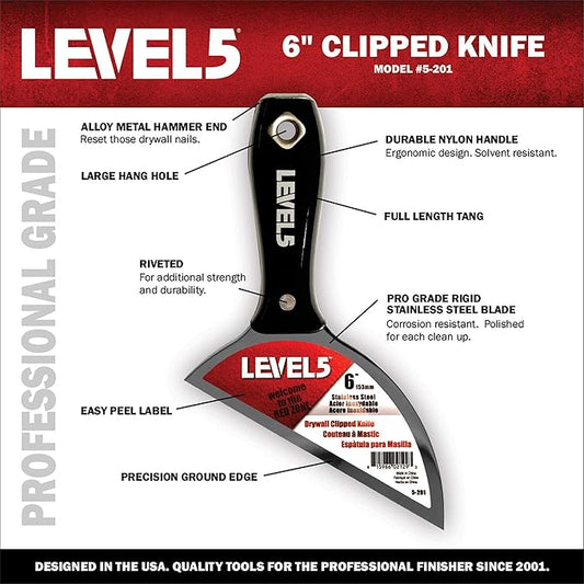 6" Clipped Drywall Pointing Knife - LEVEL5 | Metal Hammer End | Pro-Grade Finishing Tools | Sheetrock Gyprock Plasterboard Mud | 5-201