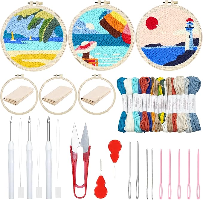 Woohome Punch Needle Kit Included Plastic Hoops, Punch Needle Cloth, Color Yarn and Punch Needle Tools for Adults, Beginners (Lighthouses, Sailboats, Blue Sky)