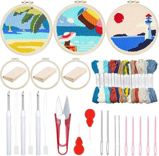 Woohome Punch Needle Kit Included Plastic Hoops, Punch Needle Cloth, Color Yarn and Punch Needle Tools for Adults, Beginners (Lighthouses, Sailboats, Blue Sky)