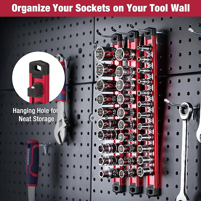 WORKPRO Magnetic Socket Organizer, 1/2-Inch Drive Aluminum Alloy Sockets Rail, Heavy Duty Sockets Holder, Socket Rack Kit 1/2-Inch x 10 Clips (Red)