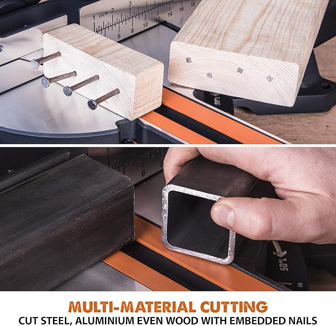 Evolution Power Tools R255SMS+ PLUS 10-Inch Sliding Miter Saw Plus Multi-Material Multi-Purpose Cutting Cuts Metal, Plastic, Wood & More 0˚ - 45˚ Bevel & 50˚ - 50˚ Miter Angles TCT Blade Included