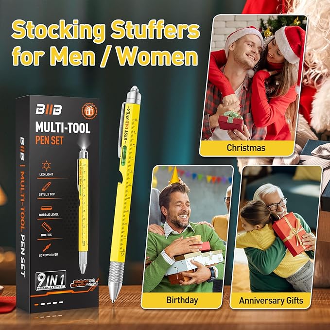 BIIB Mens Gifts for Dad Husband, 9 in 1 Multitool Pen Stocking Stuffers for Men, Christmas Gifts for Men Dad Husband, Anniversary Birthday Grandpa Gifts for Him, Cool Gadgets Useful Tools
