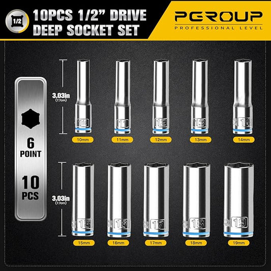 10PCS 1/2??Drive Deep Socket Set, Metric (10mm-19mm), 6-Point, Cr-V Steel, Chrome Plated Socket With Hanging Bracket, Cover Most Commonly Sizes