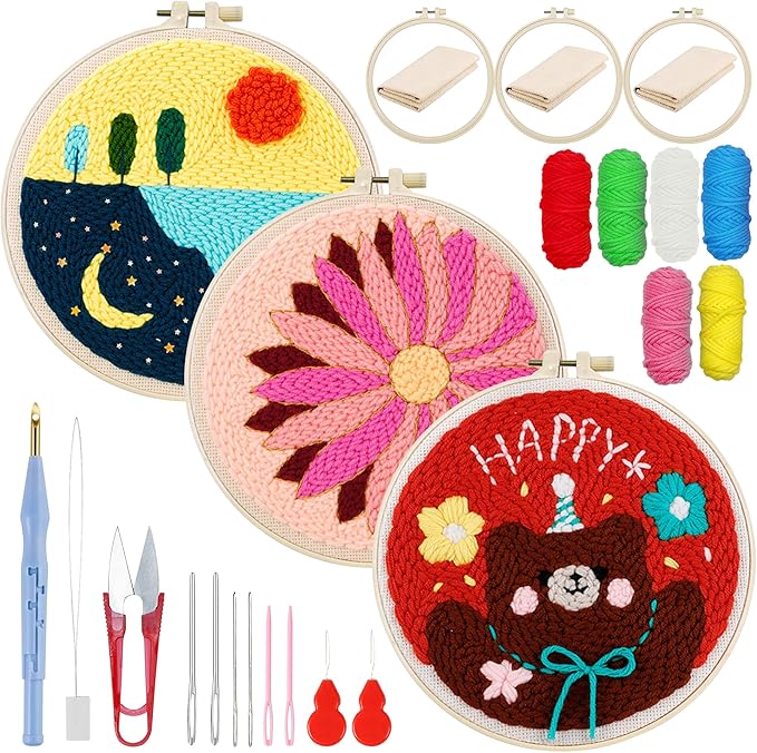Woohome Punch Needle Kit Included Plastic Hoops, Punch Needle Cloth, Color Yarn and Punch Needle Tools for Adults, Beginners (Flower, Lake and Bear)