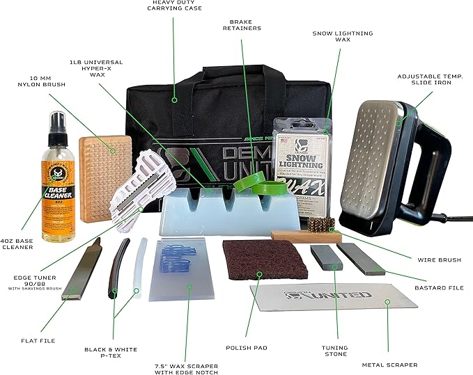 DEMON UNITED USA ICE XL Edition Ski & Snowboard Tuning Kit, Demon Hyper Wax, Ski Hot Wax Iron, Lightning Wax, Base Cleaner, Edge Tuner, Nylon Brush, & More!