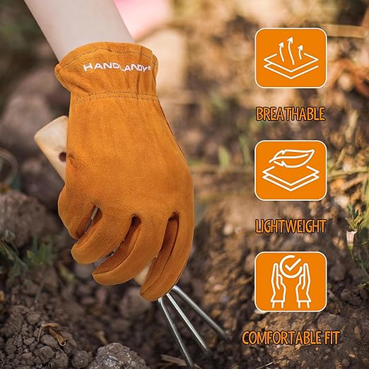 HANDLANDY 2 Pairs Kids Genuine Leather Work Gloves for ages 3-11, Children Gardening Gloves for Boys, Girls (Small (for age 2-4), Orange)