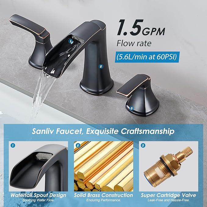 Oil Rubbed Bronze Waterfall Bathroom Faucet, Sanliv 3-Piece Widespread Bathroom Sink Faucets, 2-Handle Bronze Vanity Faucet for 3-Hole Sinks 4-8 Inch with Pop-Up Drain (ORB)