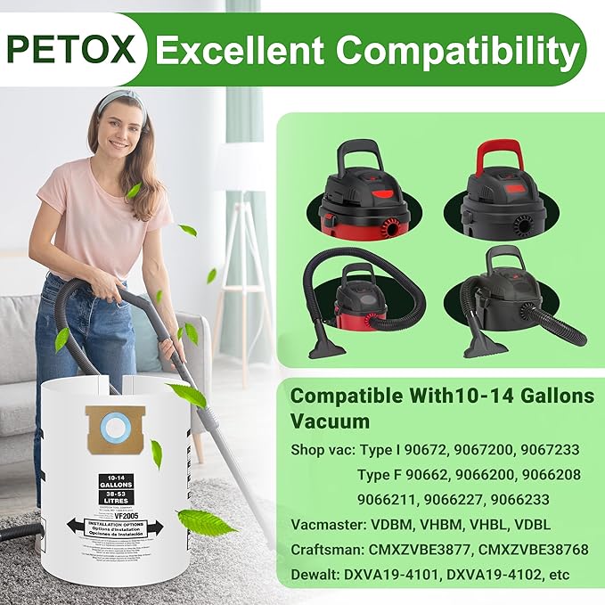 3 Pack Vacuum Bags Replacement for Shop Vac Bags 10-14 Gallon Type F 90662 9066200 9066233 and Type I 90672 9067200 9067233, PETOX High-Efficiency Disposable Vaccum Collection Filter Bags