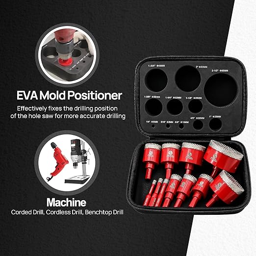 Diamond Core Drill Bit Set - FOCSTOL 11pcs (6/8/10/20/25/28/32/35/45/50/65mm) Hole Saw Kit for Porcelain Ceramic Tile Marble Granite with Triangle Shank